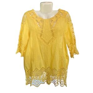 HongSui Women's Yellow Crochet Lace Cut-Out 3/4 Sleeve Lightweight Top | Size S